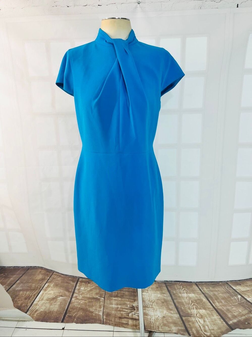 Elie Tahari Royal Blue Twisted Mock Neck Cap Sleeve Sheath Dress Size 10